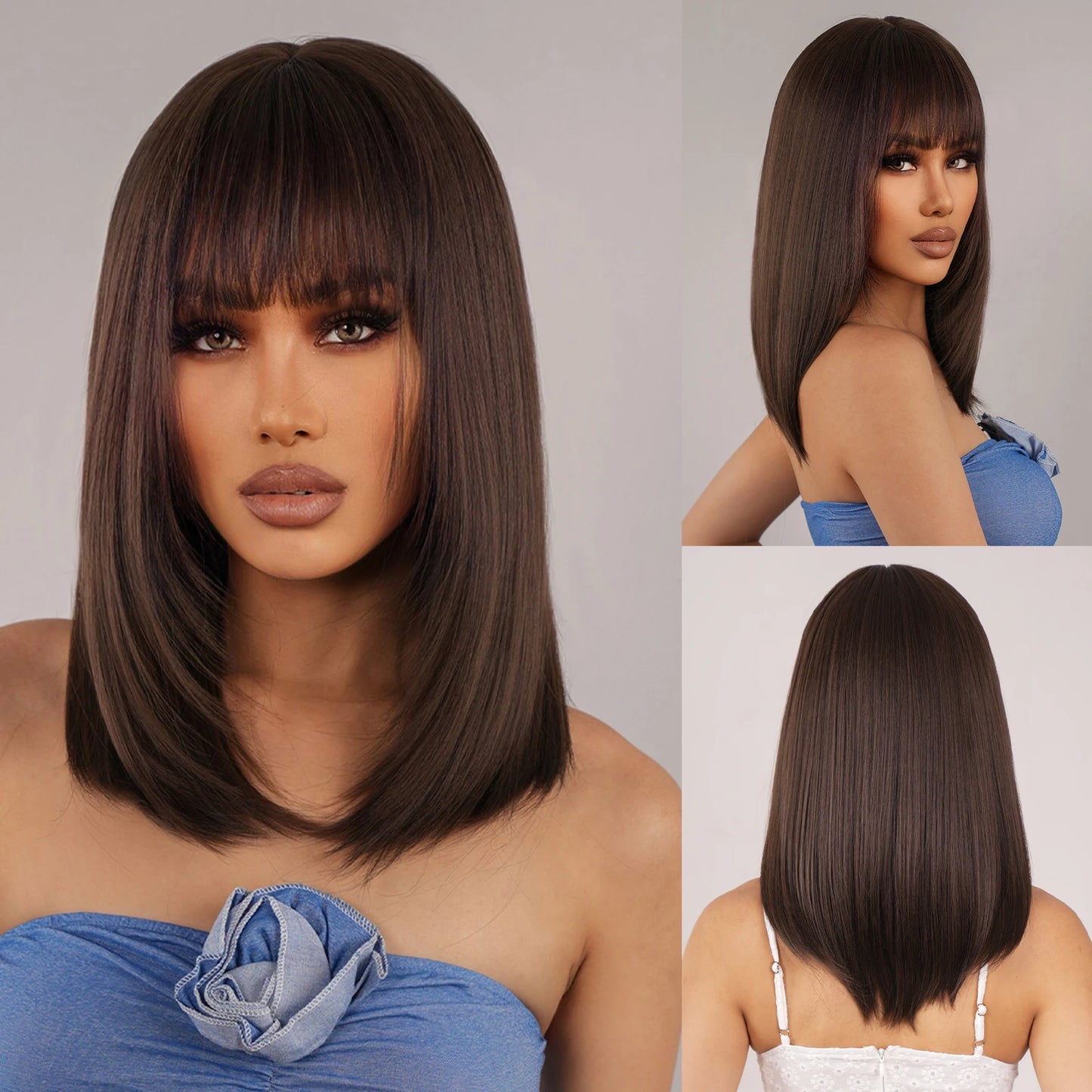 Straight Synthetic Wigs Brown Copper Blonde Mixed Middle Length Wigs with Bangs Blunt Cut Hair for Women Daily Heat Resistant