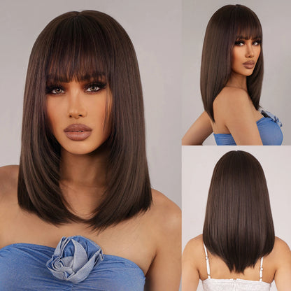 Straight Synthetic Wigs Brown Copper Blonde Mixed Middle Length Wigs with Bangs Blunt Cut Hair for Women Daily Heat Resistant