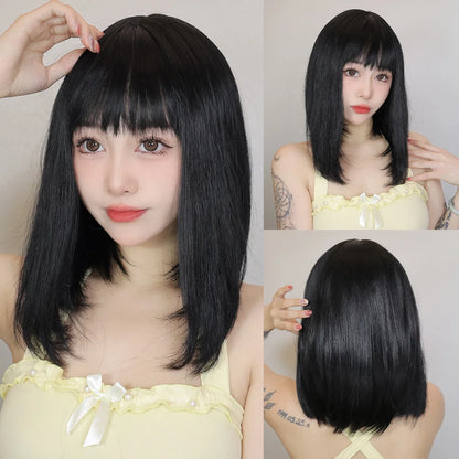 Straight Bob Synthetic Wigs Dark Brown Hair with Bangs for Women Shoulder Length Wig Daily Use Heat Resistant Korean Hairstyle