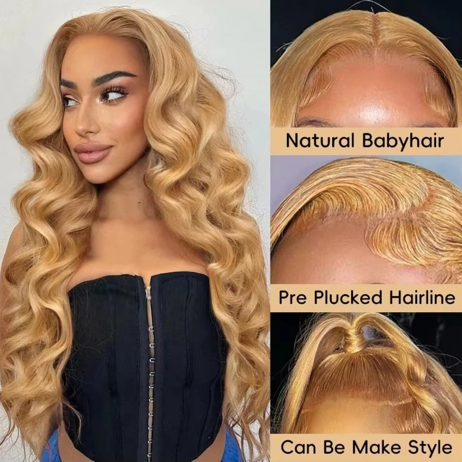 27# Honey Blond 13x4 Body Wave Lace Frontal Human Hair Wigs Brazilian Colored Loose Water Wave 13x6 HD Lace Front Wigs For Women