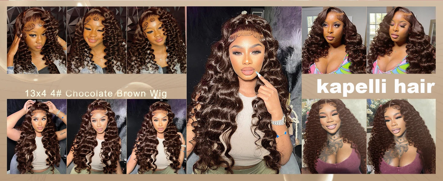 34 Inch Loose Deep Wave 13x4 HD Transparent Human Hair Wig 250 Density Brazilian Water Curly Nature Wave Lace Frontal Wigs Brown