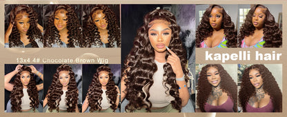 34 Inch Loose Deep Wave 13x4 HD Transparent Human Hair Wig 250 Density Brazilian Water Curly Nature Wave Lace Frontal Wigs Brown