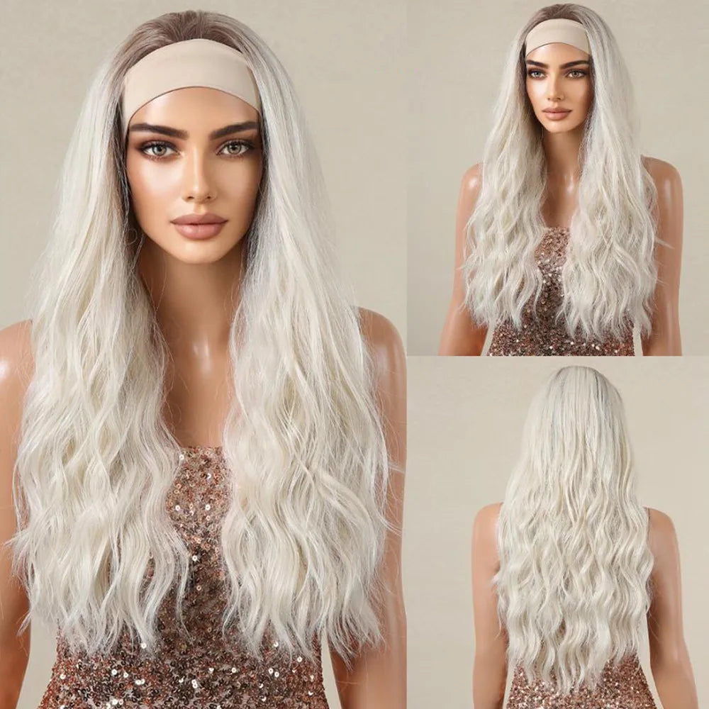 Long Curly Headband Synthetic Wigs Natural Ash Blonde Long Women's Headband Wig Body Wave Bohemian Hair Wig For Women Daily Use