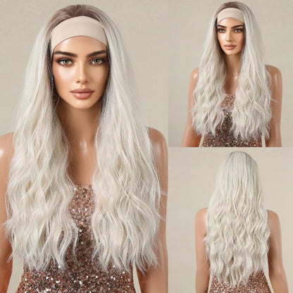 Long Curly Headband Synthetic Wigs Natural Ash Blonde Long Women's Headband Wig Body Wave Bohemian Hair Wig For Women Daily Use