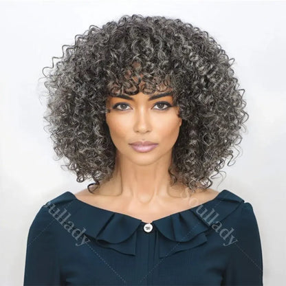Dark Gray Curly Bob Wig With Bangs Glueless Wear & Go Salt And Pepper Wigs Short Kinky Curl  Human Hair Wigs For Elegant Mom