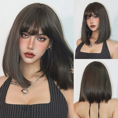Straight Bob Synthetic Wigs Dark Brown Hair with Bangs for Women Shoulder Length Wig Daily Use Heat Resistant Korean Hairstyle