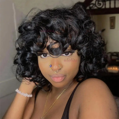 Bouncy Curly Human Hair Wig With Bangs Pixie Cut Bob Wigs Romance Curl Human Hair Wig Full Machine Made Scalp Wig For Women Wig
