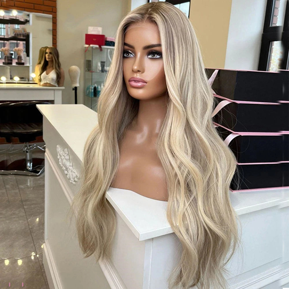 Full Lace Wig Warm Blonde Highlights Human Hair Wigs 13x6 HD Invisible Lace with Natural Roots Slight Wavy Virgin Hair 180%