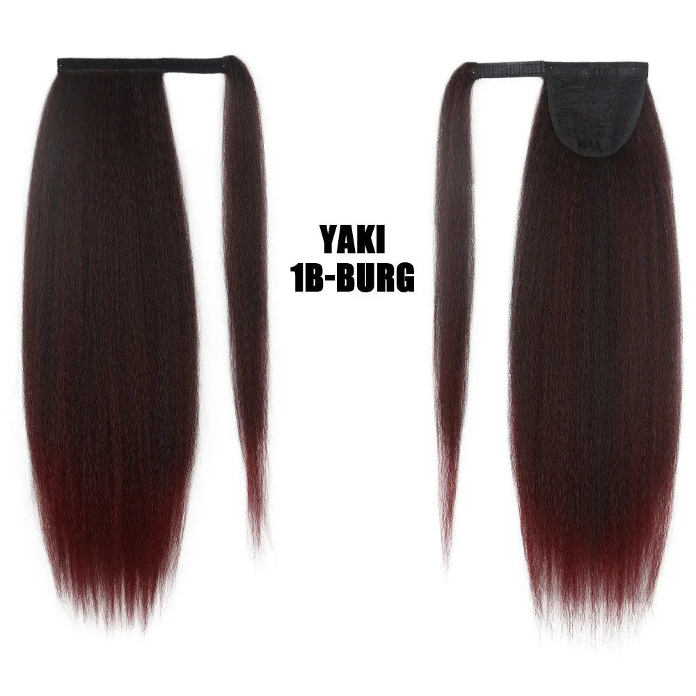Synthetic Long Kinky Straight Ponytail Extension for Black Women Yaki Wrap Arpund Hair 24 Inch Clip in Magic Paste Black Tail