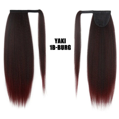 Synthetic Long Kinky Straight Ponytail Extension for Black Women Yaki Wrap Arpund Hair 24 Inch Clip in Magic Paste Black Tail