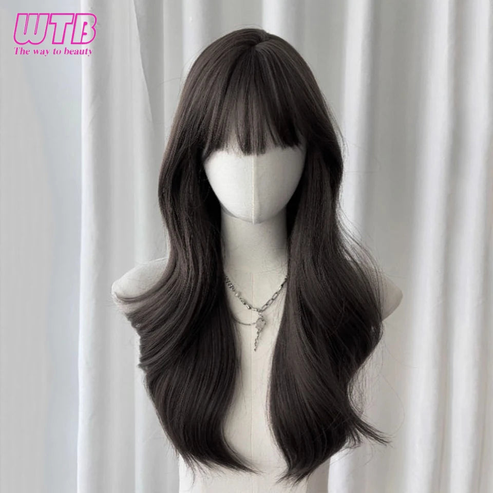 Syntietic WIGS Popular Black Long Deep Wave Hair Lolita Wigs With Bangs Synthetic Wig For Women Fashion Thick Curls Wigs Girl