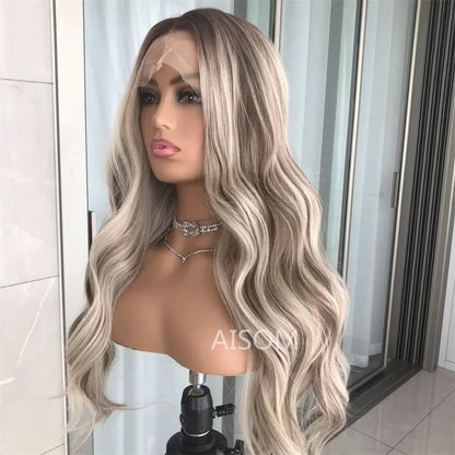 Body Wave Lace Front Wig Highlight Ash Blonde Lace Frontal Synthetic Wigs Pre Plucked Long Wavy Synthetic Lace Wig for Women