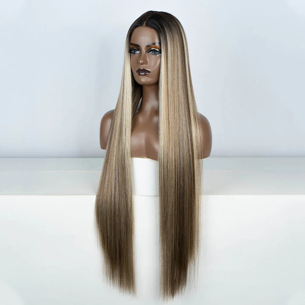 Synthetic Lace Front Wigs Highlight Brwon Blonde Black Wig For Women Long Straight  Lace WIg 38Inch Synthetic Heat Resistant Wig