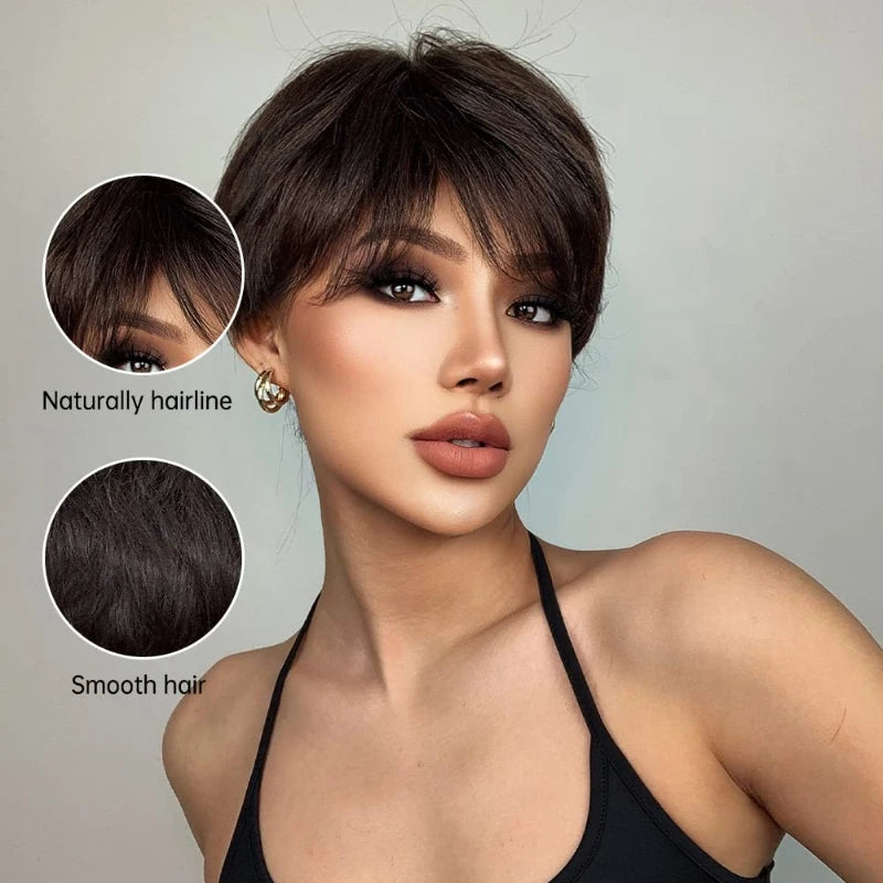 Fashion Short Straight with Bang Dark Brown Pixie Cut Wig for Women Hair Synthetic Heat Resistance Natural Looking for Daily Use
