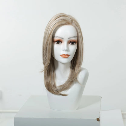 MONO Lace Frontal Synthetic Wigs Light Brown Blonde Hair Middle Length Straight Layered Wigs for White Women Daily 16inches Hair