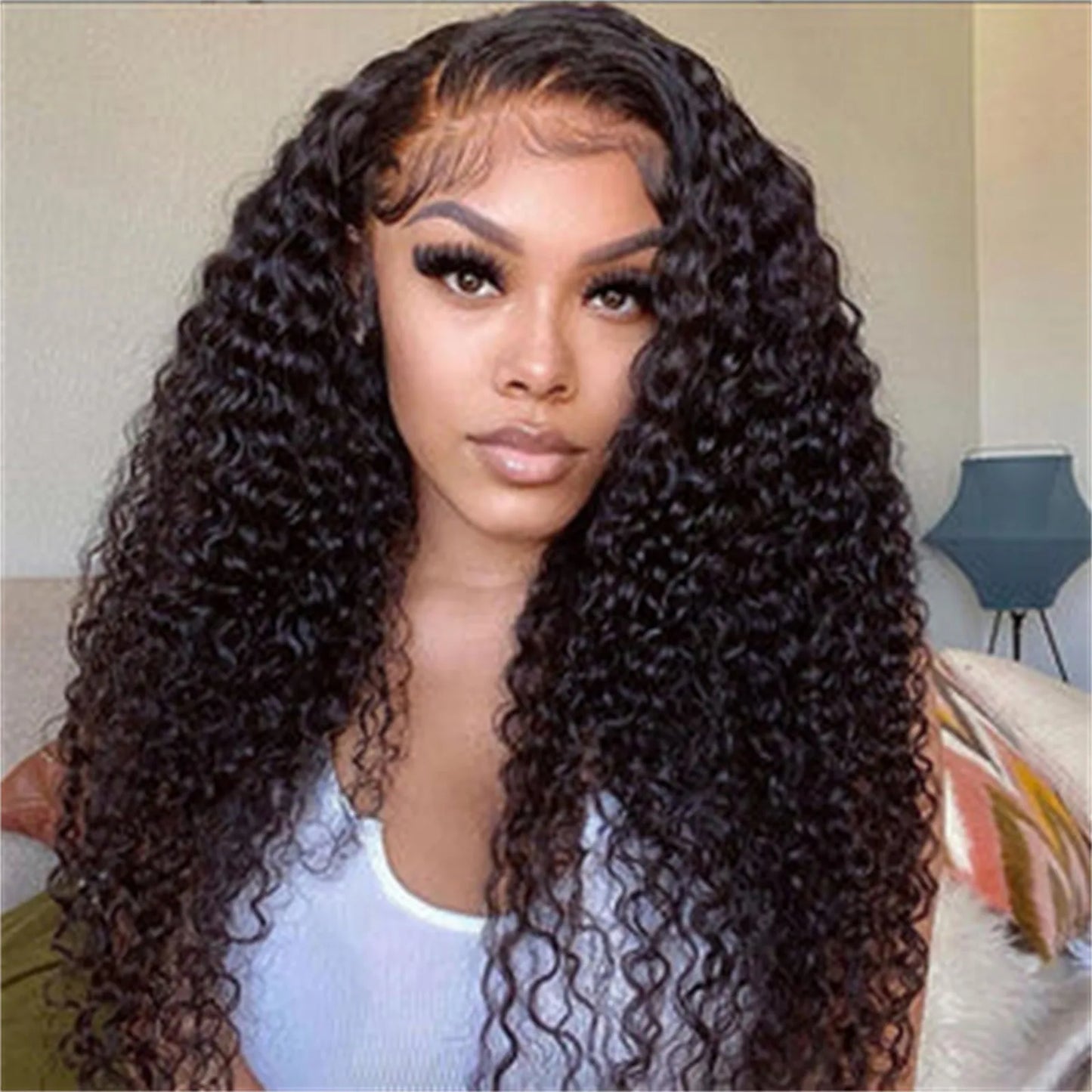 New Women's Synthetic Wig Fashionable Black Small Curly Water Ripple Corn Perm Center Parted Bangs Full Head Cover