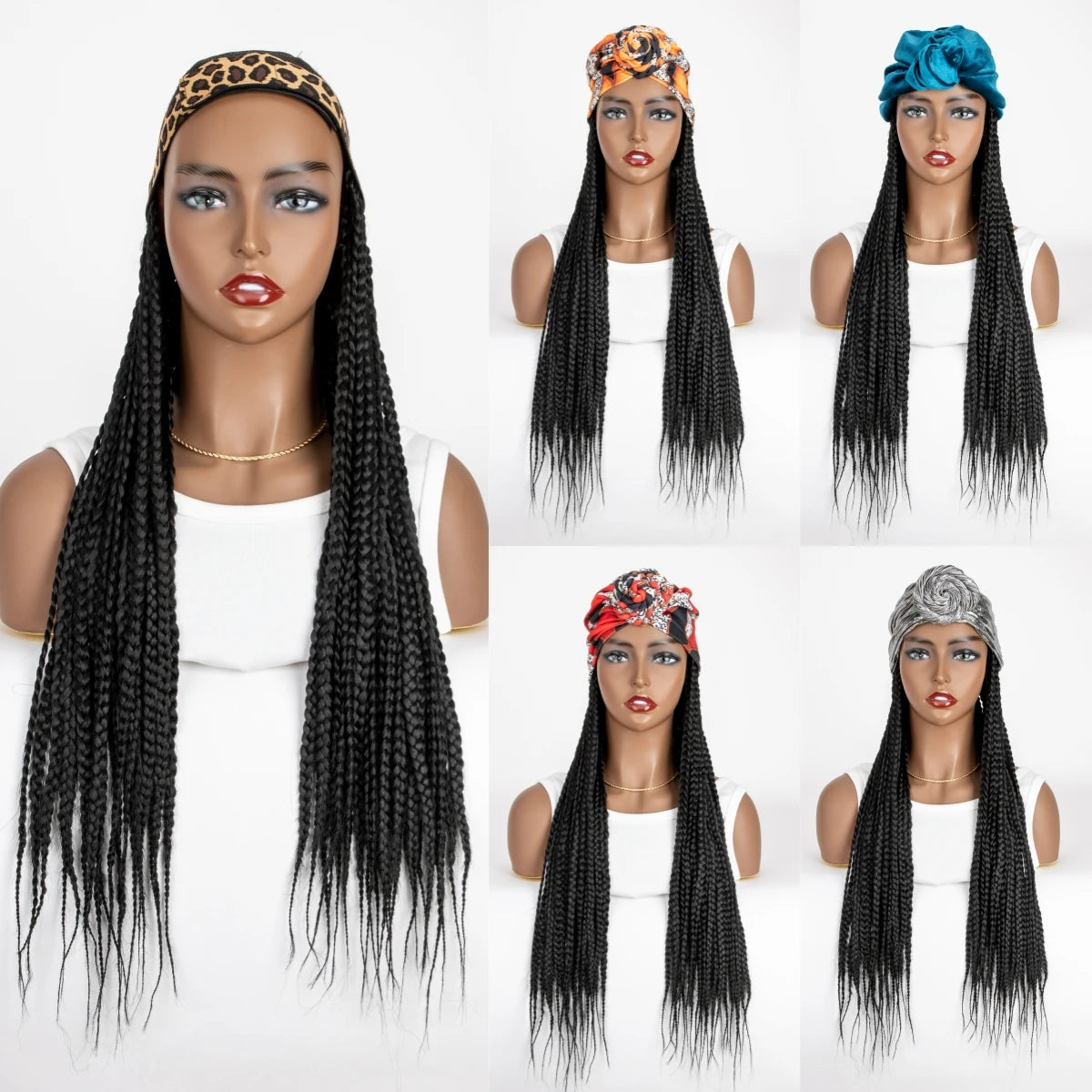 WIGERA Leopard Print Headband Long Braided Synthetic Wig With Turban Hat Box Braiding Hair Extensions Head Scarf  Easy Hairstyle
