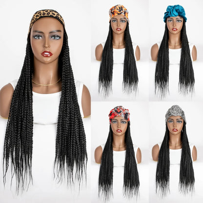 WIGERA Leopard Print Headband Long Braided Synthetic Wig With Turban Hat Box Braiding Hair Extensions Head Scarf  Easy Hairstyle