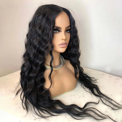 Long Curly Hair Wig for Women Natural Black Wavy Synthetic Wig Middle Part Pre Plucked Hairline 13X4 Lace Front Brunette Wigs
