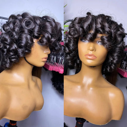 Bouncy Curly Human Hair Wig With Bangs Pixie Cut Bob Wigs Romance Curl Human Hair Wig Full Machine Made Scalp Wig For Women Wig