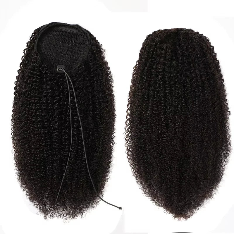 12-24 Inch Mongolian Afro Kinky Curly Ponytail Clips In Drawstring Ponytail Human Hair Wrap Around Velcro Hair Ponytail