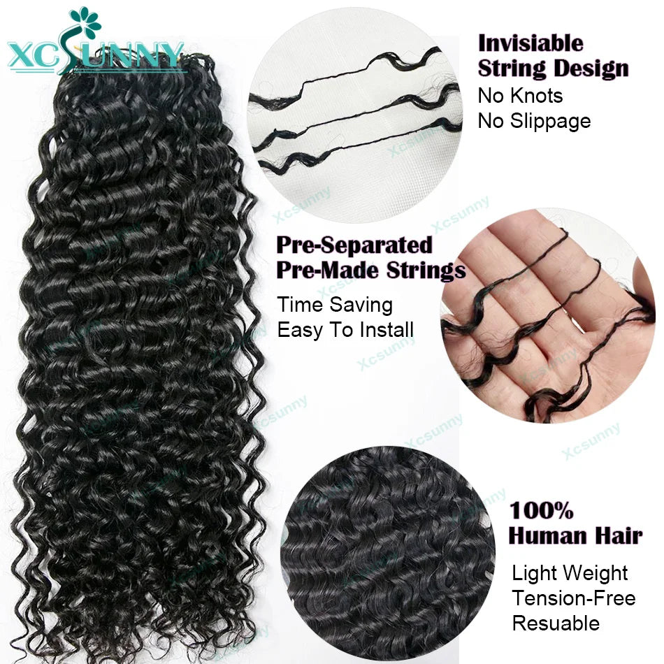 Curly Crochet Human Hair Extensions Knotless Pre Separation Feather Crochet Human Hair Water Wave Invisiable Knot With String