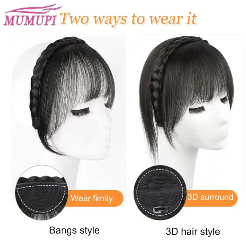 A Headband with Three-Strand Braids And a Twisted Braid Along with a 4-Inch Black And Brown Wig with Bangs