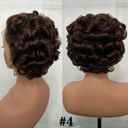100% Vietnamese Hair Short Pixie Cut Wigs For Black Women 8" Ombre Wavy Hair Wigs Pixie Cut Bouncy Curly 13x4 Lace Frontal Wigss
