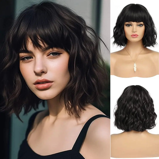 Synthetic Short Curly Bob Wig With Bangs for Women Wavy Shoulder Length Wig Short Water Wave Wig Daily Wear