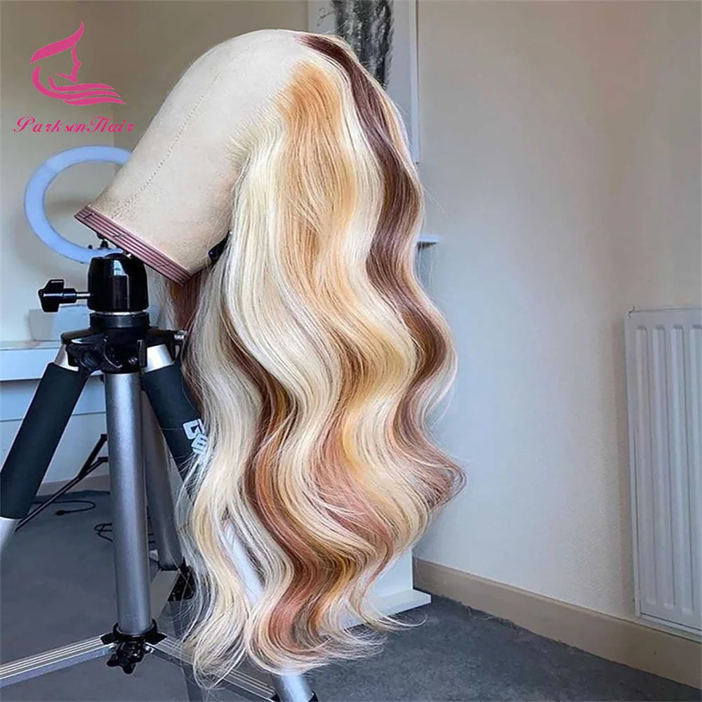 Full Lace Frontal Highlights 613 Brown Blonde Colored 13X4 HD Transparent Lace Front Wigs Body Wave Human Hair Wig For Women