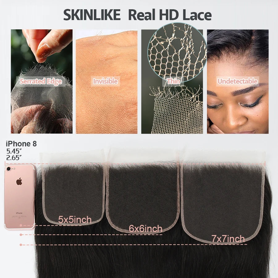 Skinlike Real HD Transparent Lace 6x6 HD Lace Closure Only Deep Curly Pre plucked Melt Skin Brazilian Human Hair 5x5 HD Closure