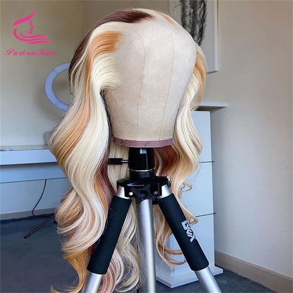 Full Lace Frontal Highlights 613 Brown Blonde Colored 13X4 HD Transparent Lace Front Wigs Body Wave Human Hair Wig For Women