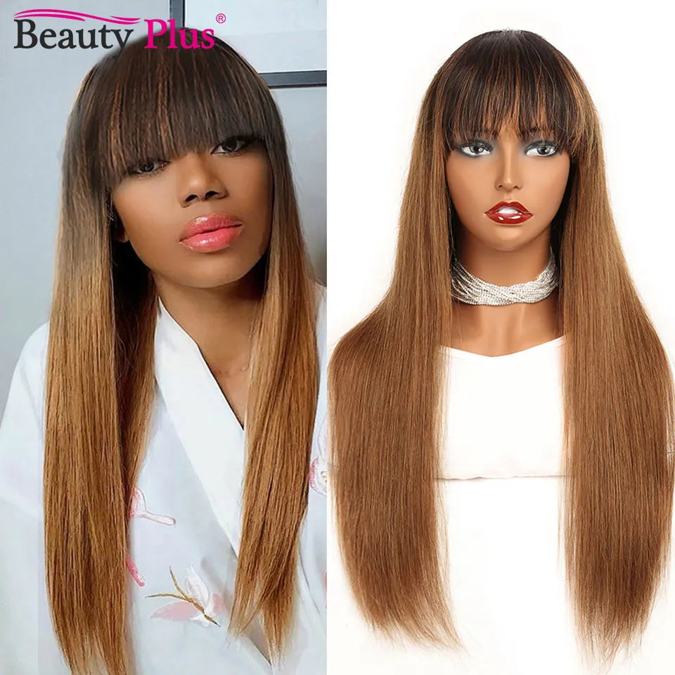 Raw Indian 100% Human Hair Wig With Bangs 32 34 Inch Full Machine Made Wigs With Bangs Long Hair Remy Hair Black Wig With Bangs