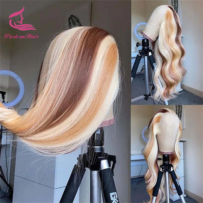 Full Lace Frontal Highlights 613 Brown Blonde Colored 13X4 HD Transparent Lace Front Wigs Body Wave Human Hair Wig For Women