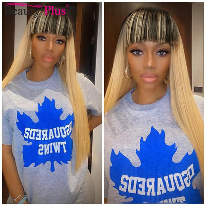 Raw Indian 100% Human Hair Wig With Bangs 32 34 Inch Full Machine Made Wigs With Bangs Long Hair Remy Hair Black Wig With Bangs