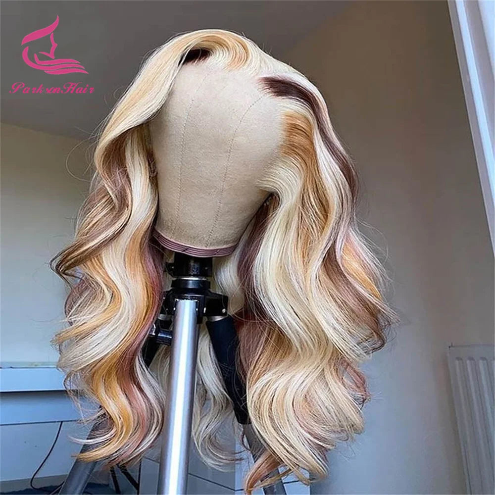 Full Lace Frontal Highlights 613 Brown Blonde Colored 13X4 HD Transparent Lace Front Wigs Body Wave Human Hair Wig For Women