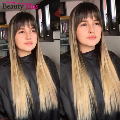 Raw Indian 100% Human Hair Wig With Bangs 32 34 Inch Full Machine Made Wigs With Bangs Long Hair Remy Hair Black Wig With Bangs